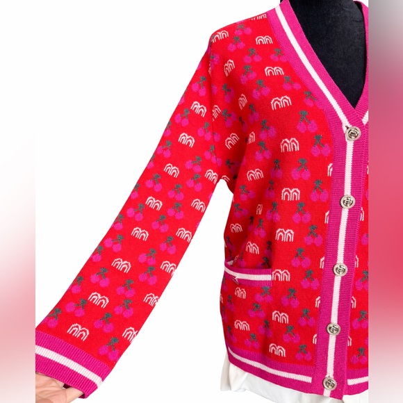 Maje Red Cherry Jacquard Knit Cardigan | Parisian Statement Sweater | Size 2 - Picture 7 of 11